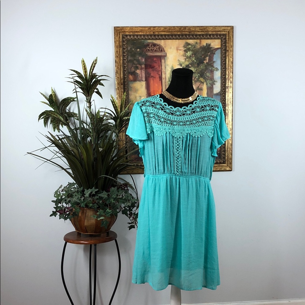 Chic Turquoise Crochet‎ Mini Dress Pleated Short Flutter Sleeve Size XXL